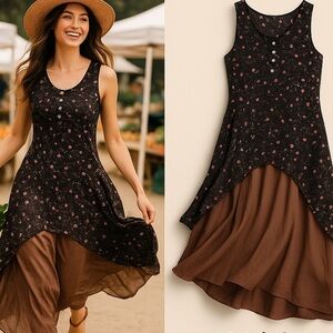 Cottage-core floral dress brown henly neck, Unique & Easy Wear,EUC,size Medium